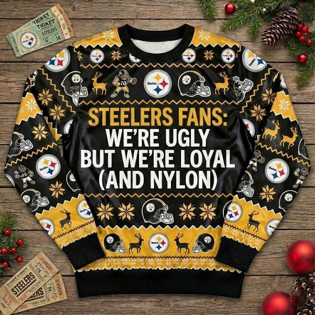 Personalized Pittsburgh Steelers Ugly Christmas Sweater - Funny Custom Text Steel Curtain Black and Gold Shirt - LeagueLockerGear