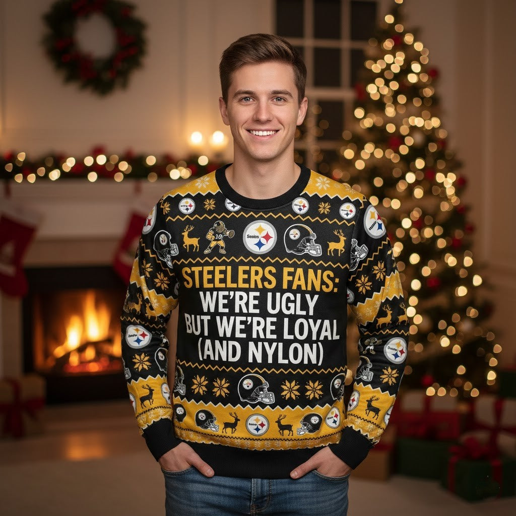 Personalized Pittsburgh Steelers Ugly Christmas Sweater - Funny Custom Text Steel Curtain Black and Gold Shirt - LeagueLockerGear