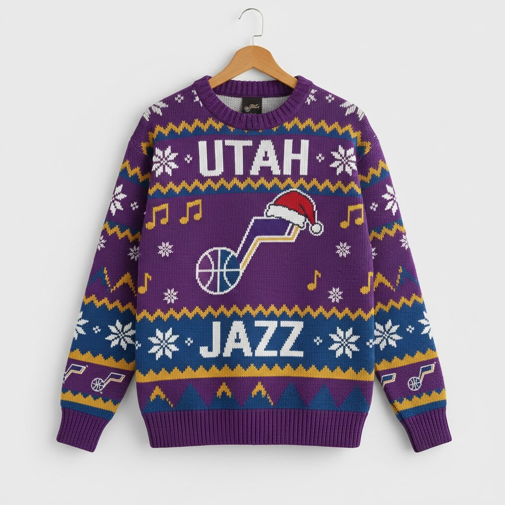 Utah Jazz Ugly Christmas Sweater – Purple Mountain Jazz Note Knit Retro Musical Theme - LeagueLockerGear