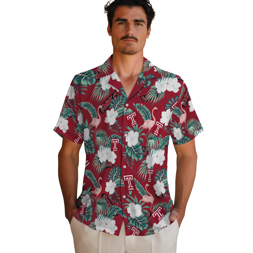 Temple Owls Hawaiian Shirt - Flamingo and Hibiscus | Hula Hawaiian Shirts