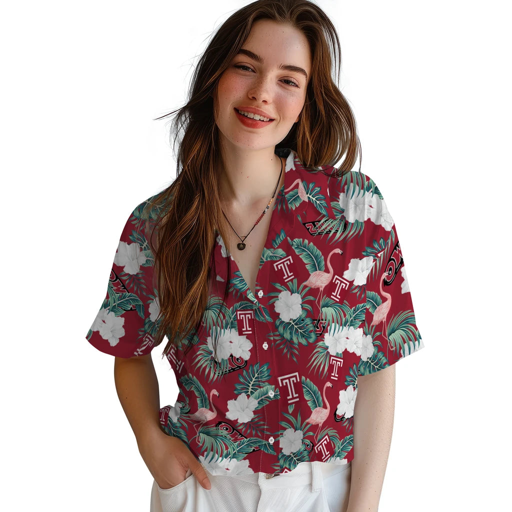 Temple Owls Hawaiian Shirt - Flamingo and Hibiscus | Hula Hawaiian Shirts
