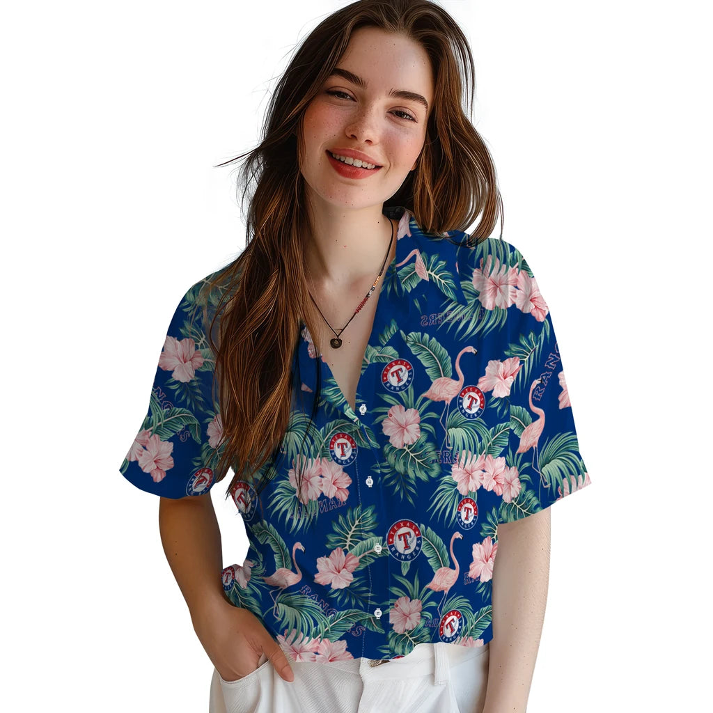 Texas Rangers Hawaiian Shirt - Flamingo and Hibiscus | Hula Hawaiian Shirts