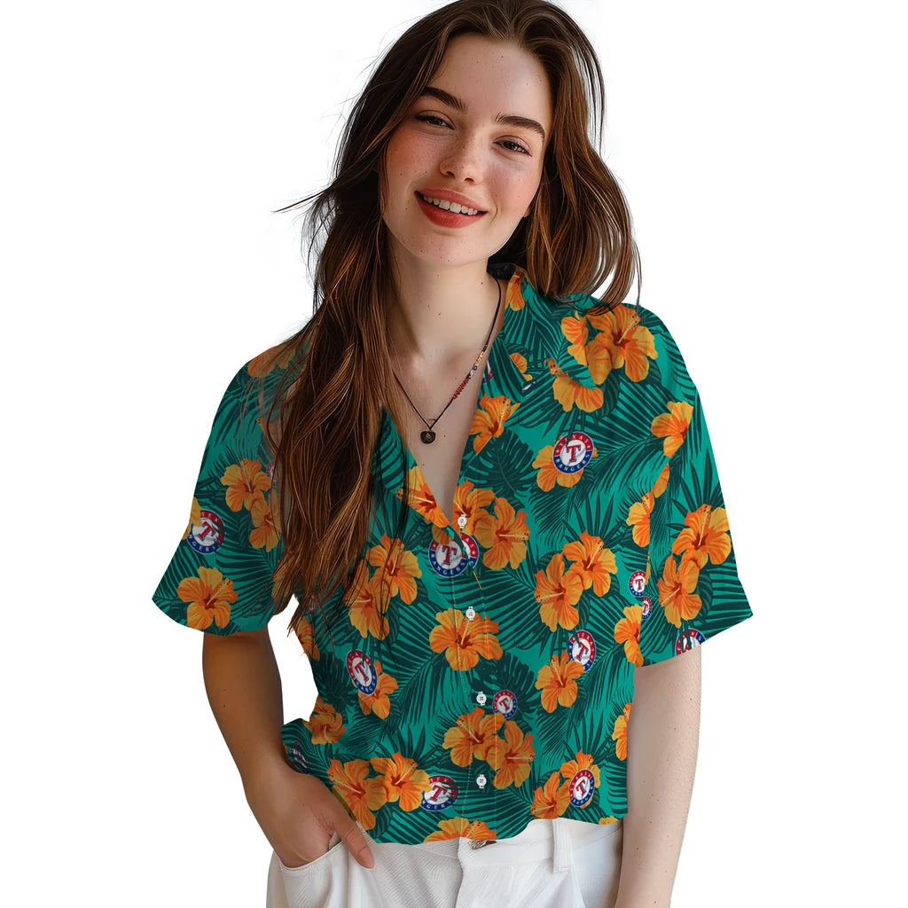 Texas Rangers Hawaiian Shirt - Hibiscus and Palm Leaves | Hula Hawaiian Shirts