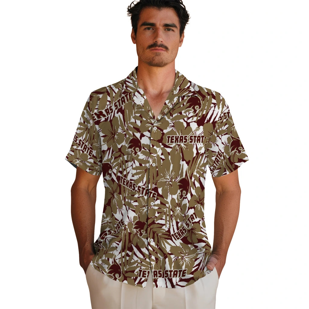 Texas State Bobcats Hawaiian Shirt - Hibiscus Overlay | Hula Hawaiian Shirts