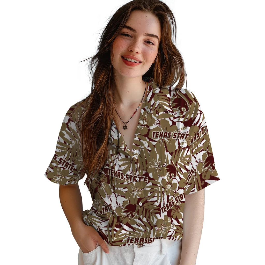 Texas State Bobcats Hawaiian Shirt - Hibiscus Overlay | Hula Hawaiian Shirts