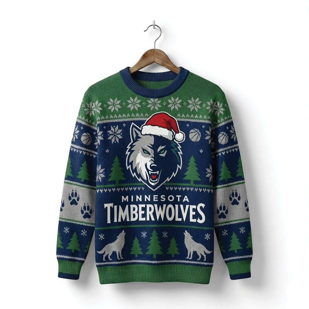 Minnesota Timberwolves Ugly Christmas Sweater – Howling Wolf Green & Blue Winter Theme Fan Gear NBA - LeagueLockerGear