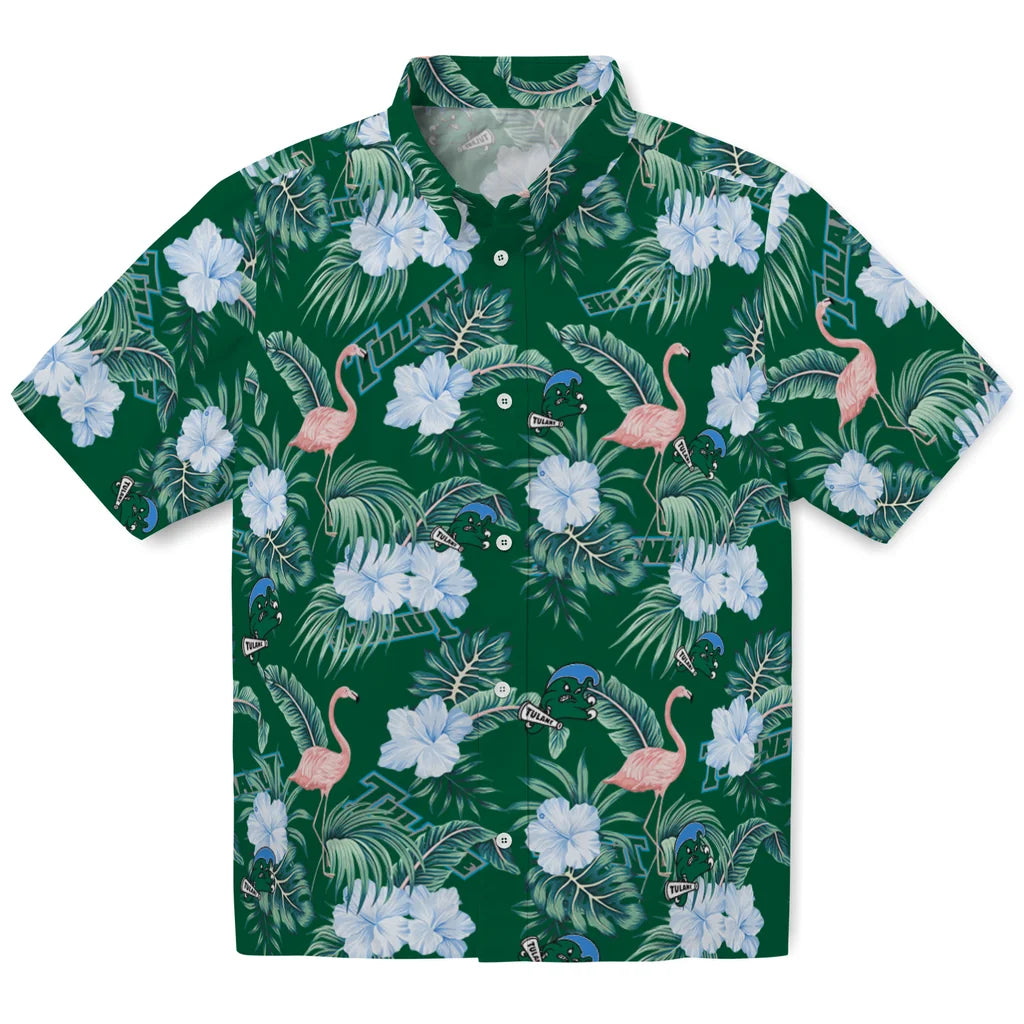 Tulane Green Wave Hawaiian Shirt - Flamingo and Hibiscus | Hula Hawaiian Shirts