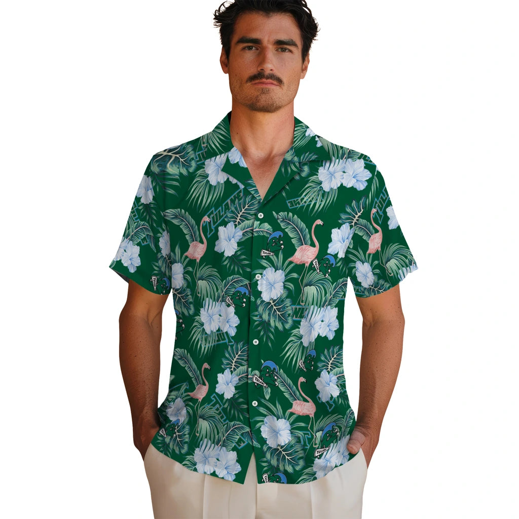 Tulane Green Wave Hawaiian Shirt - Flamingo and Hibiscus | Hula Hawaiian Shirts