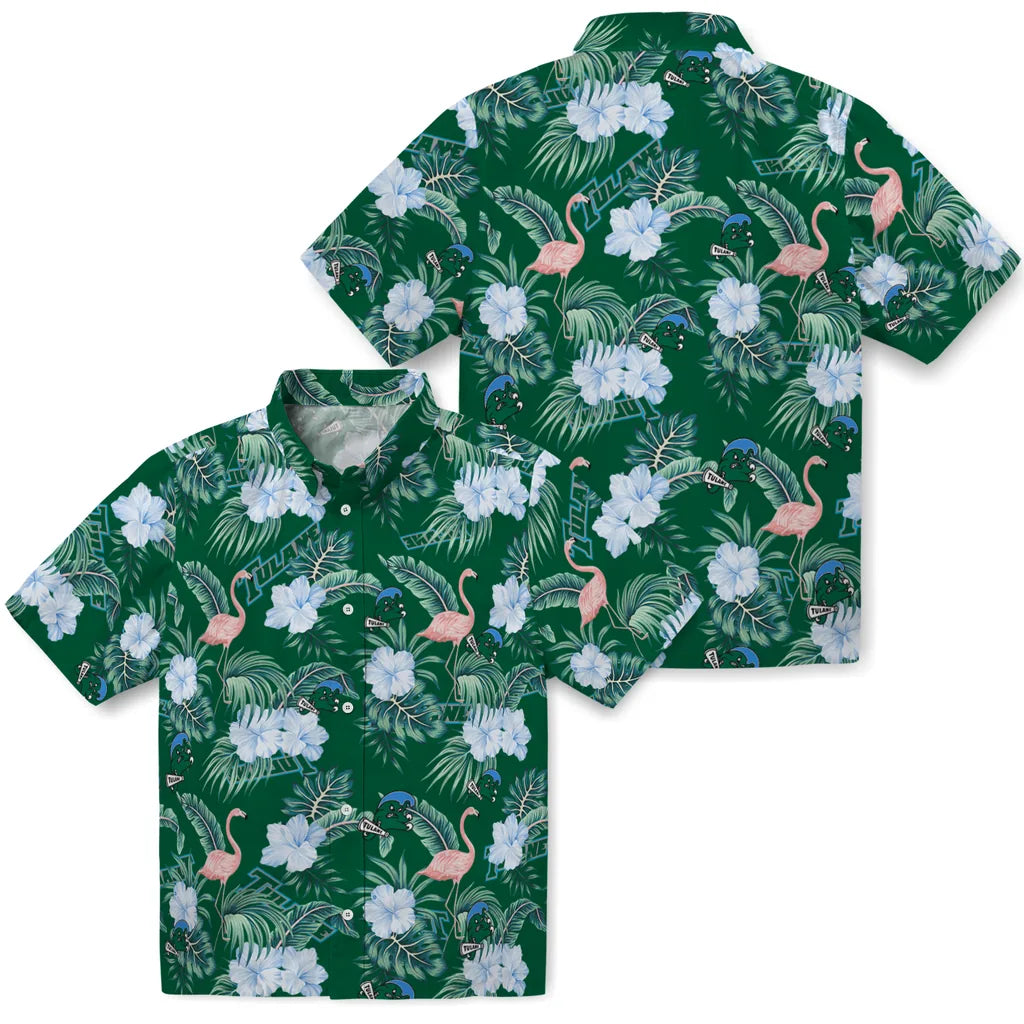 Tulane Green Wave Hawaiian Shirt - Flamingo and Hibiscus | Hula Hawaiian Shirts