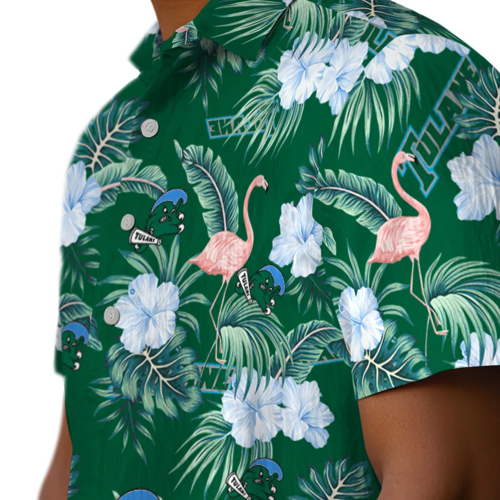 Tulane Green Wave Hawaiian Shirt - Flamingo and Hibiscus | Hula Hawaiian Shirts
