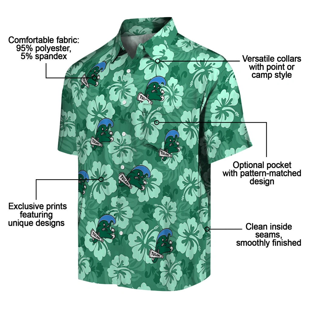 Tulane Green Wave Hawaiian Shirt - Hibiscus Cluster | Hula Hawaiian Shirts
