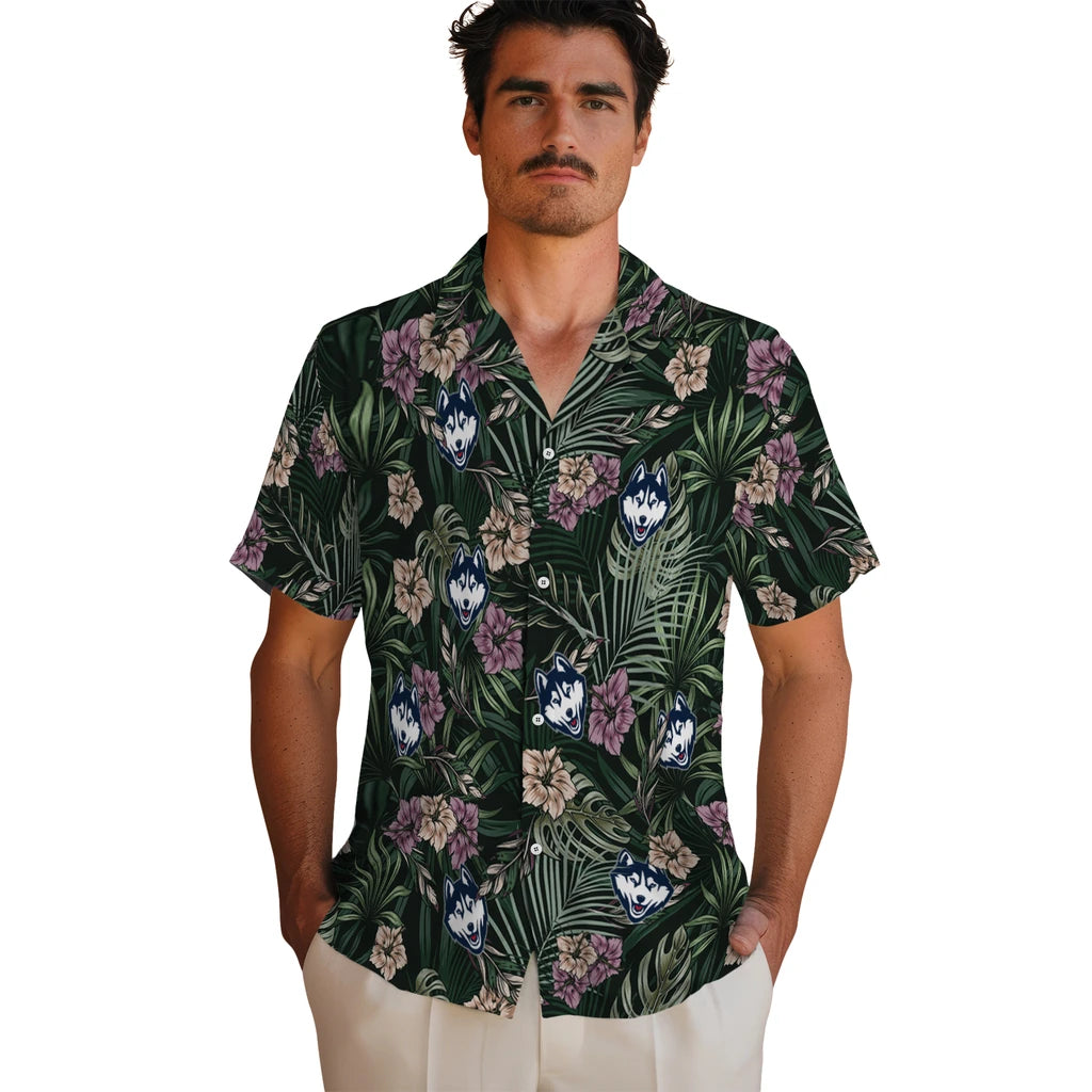 UConn Huskies Hawaiian Shirt - Hibiscus Leaves Pattern | Hula Hawaiian Shirts