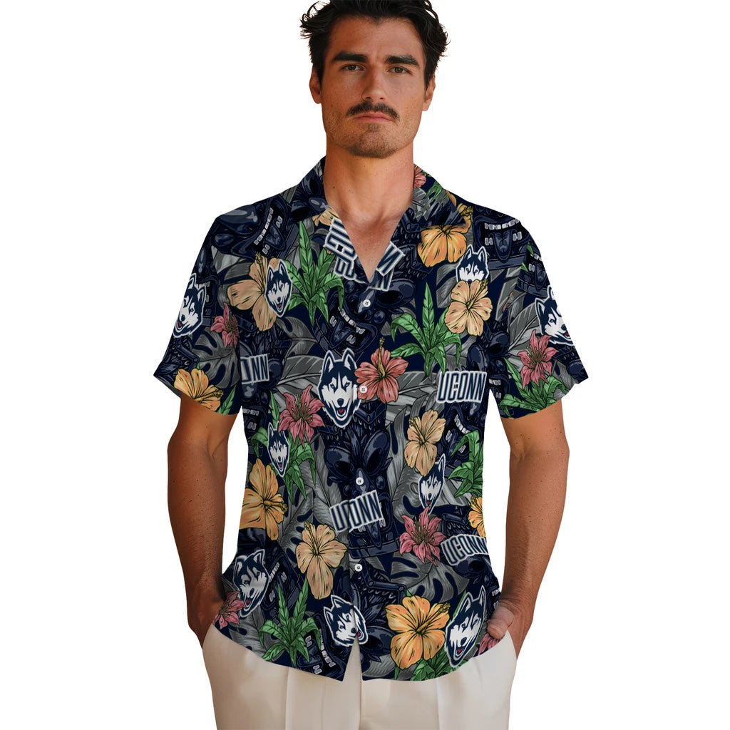 UConn Huskies Hawaiian Shirt - Hibiscus Tiki Jungle | Hula Hawaiian Shirts