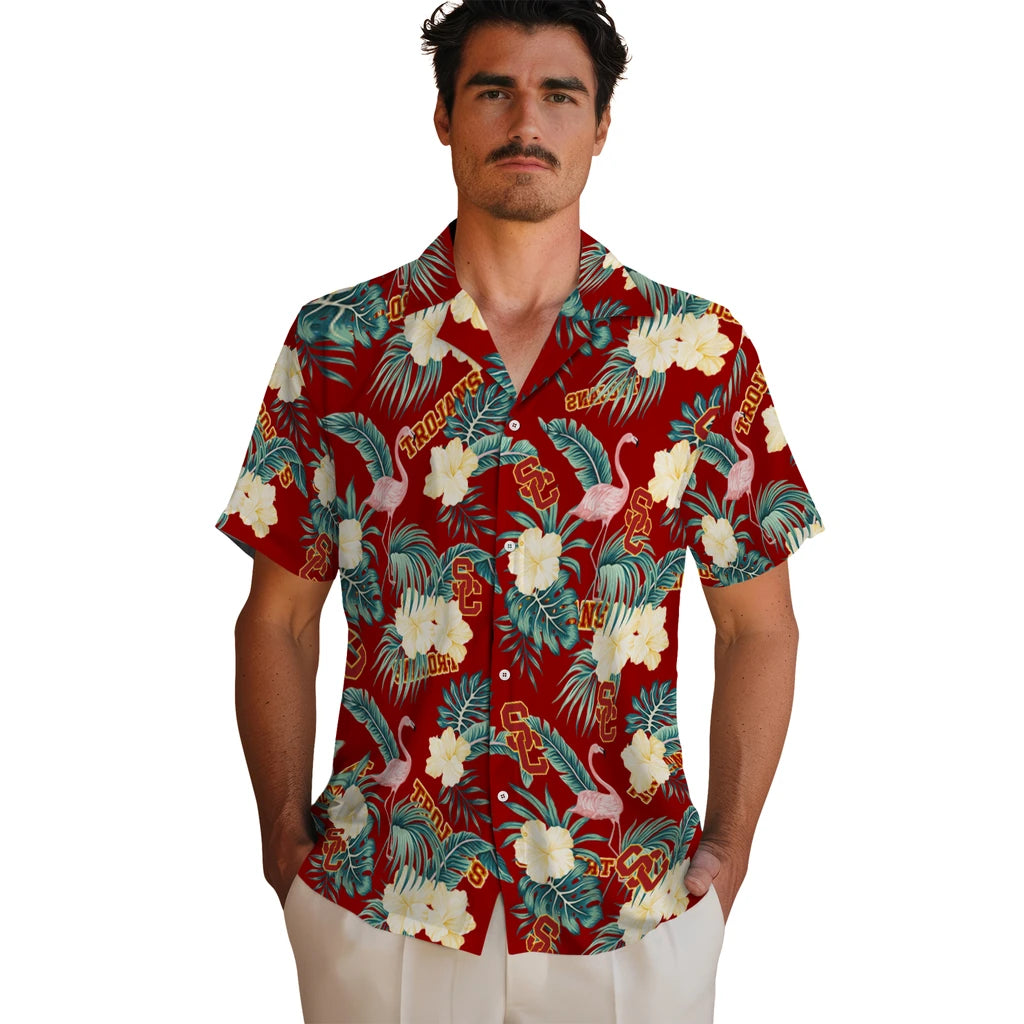 USC Trojans Hawaiian Shirt - Flamingo and Hibiscus | Hula Hawaiian Shirts