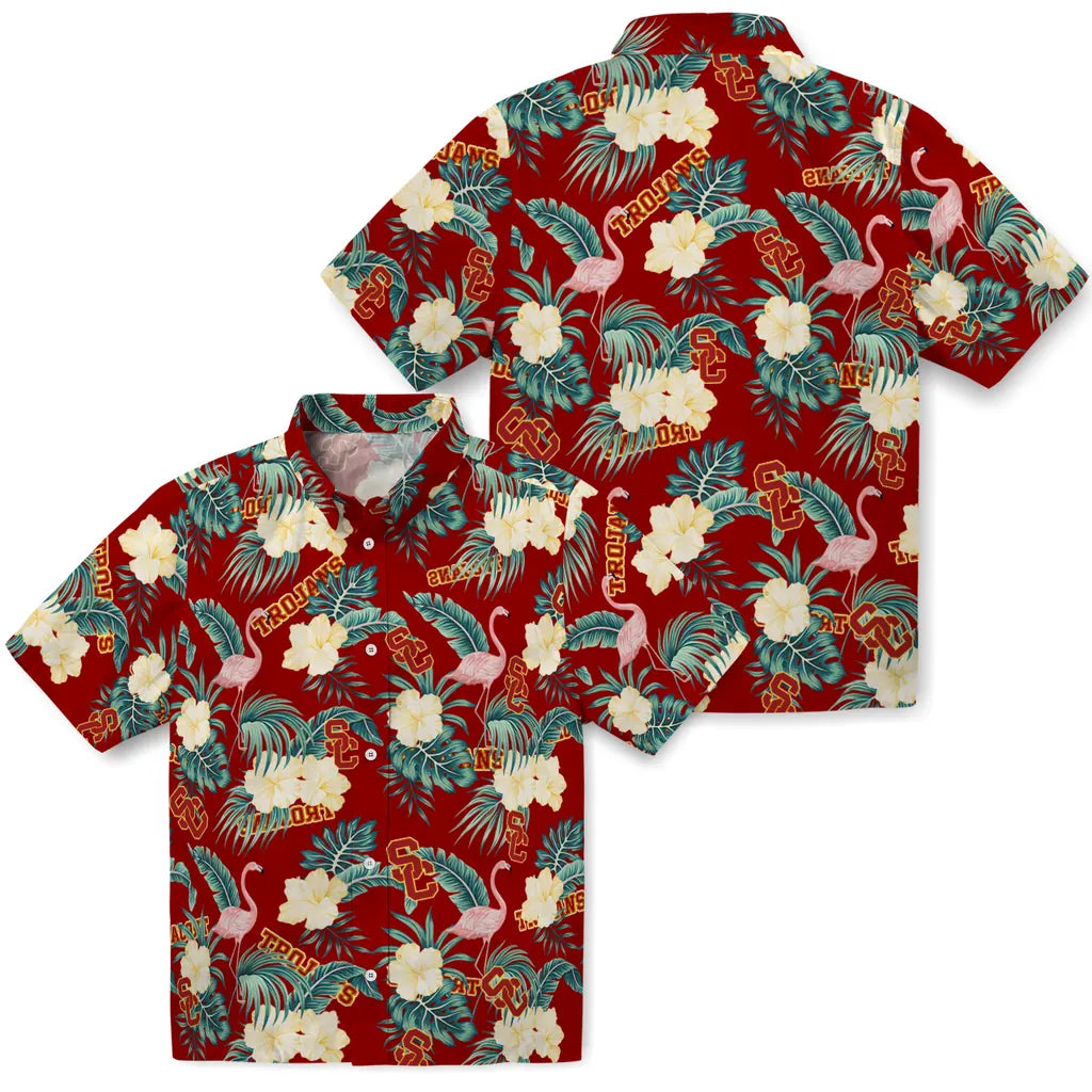 USC Trojans Hawaiian Shirt - Flamingo and Hibiscus | Hula Hawaiian Shirts