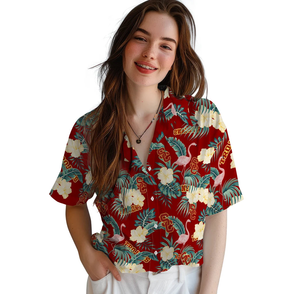 USC Trojans Hawaiian Shirt - Flamingo and Hibiscus | Hula Hawaiian Shirts