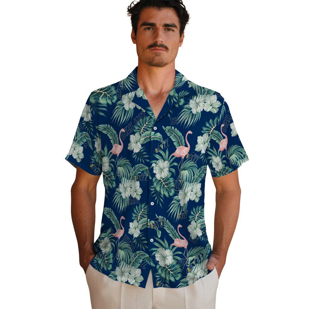 Utah Jazz Hawaiian Shirt - Flamingo and Hibiscus | Hula Hawaiian Shirts