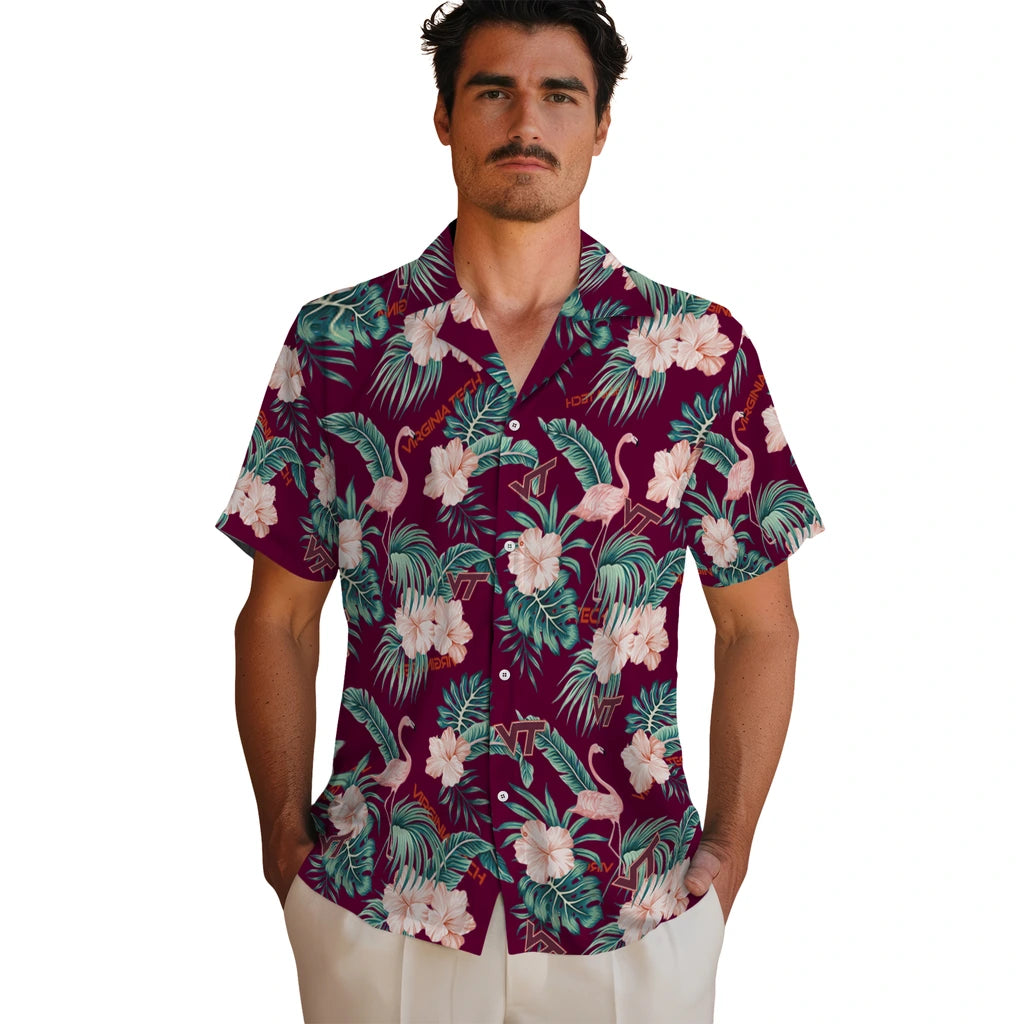 Virginia Tech Hokies Hawaiian Shirt - Flamingo and Hibiscus | Hula Hawaiian Shirts
