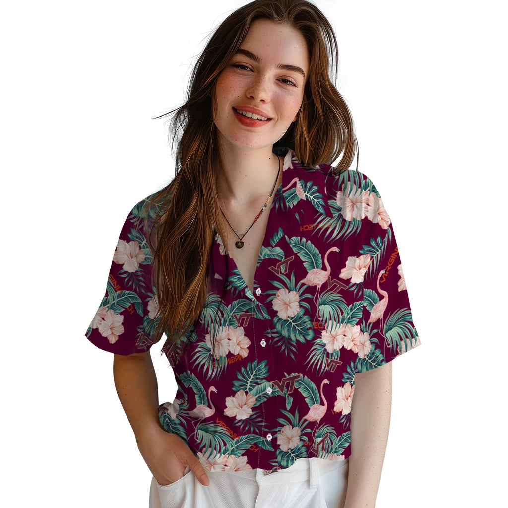 Virginia Tech Hokies Hawaiian Shirt - Flamingo and Hibiscus | Hula Hawaiian Shirts