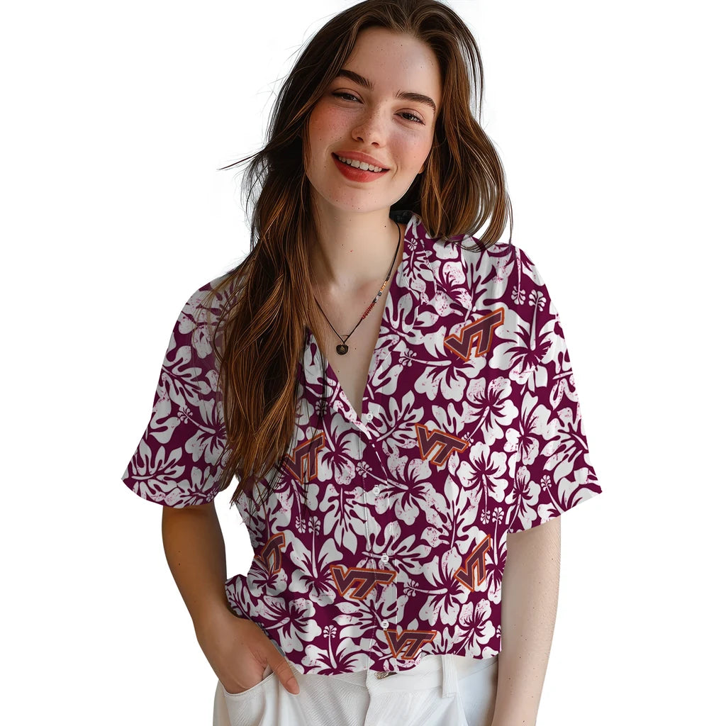Virginia Tech Hokies Hawaiian Shirt - Hibiscus Motif | Hula Hawaiian Shirts