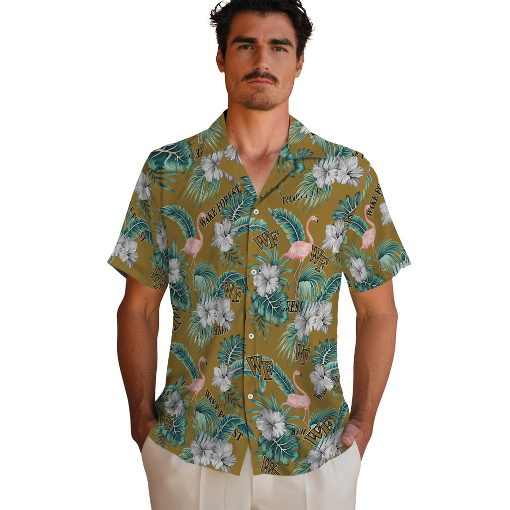Wake Forest Demon Deacons Hawaiian Shirt - Flamingo and Hibiscus | Hula Hawaiian Shirts