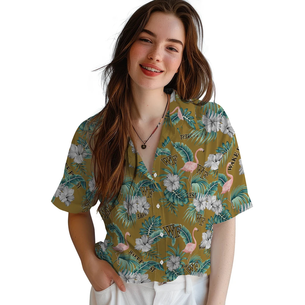 Wake Forest Demon Deacons Hawaiian Shirt - Flamingo and Hibiscus | Hula Hawaiian Shirts