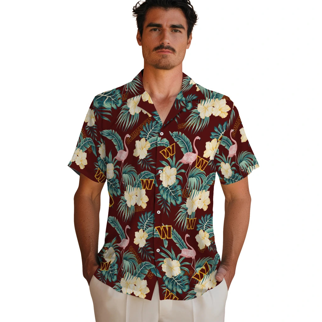 Washington Commanders Hawaiian Shirt - Flamingo and Hibiscus | Hula Hawaiian Shirts