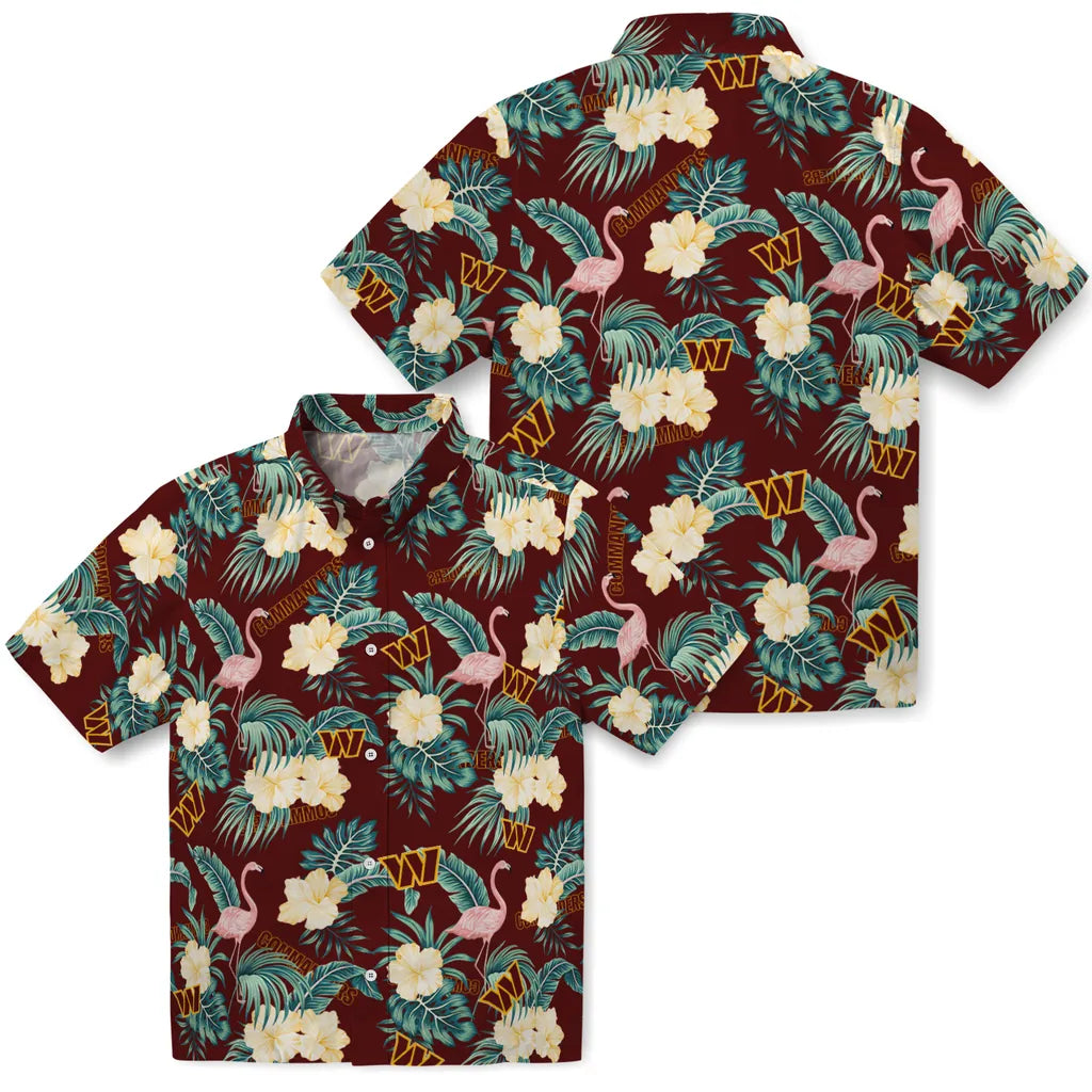 Washington Commanders Hawaiian Shirt - Flamingo and Hibiscus | Hula Hawaiian Shirts