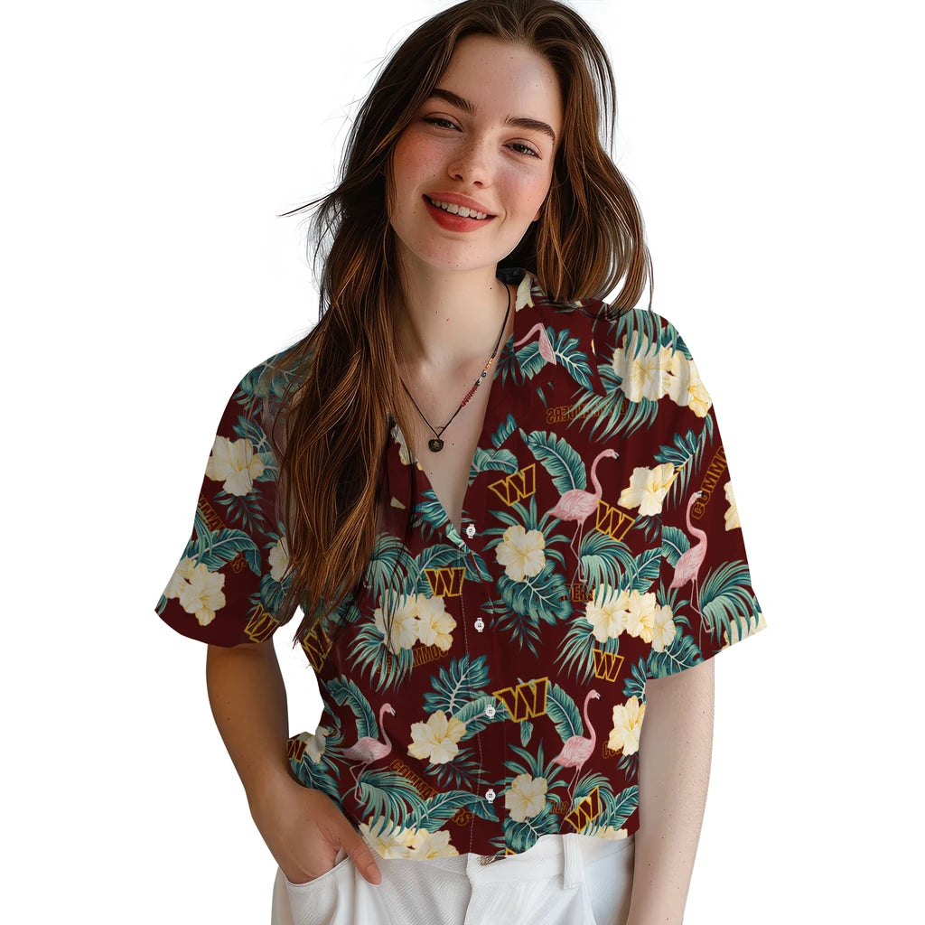 Washington Commanders Hawaiian Shirt - Flamingo and Hibiscus | Hula Hawaiian Shirts