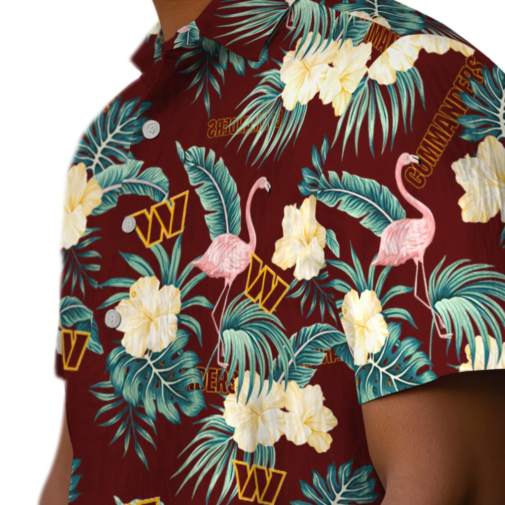 Washington Commanders Hawaiian Shirt - Flamingo and Hibiscus | Hula Hawaiian Shirts