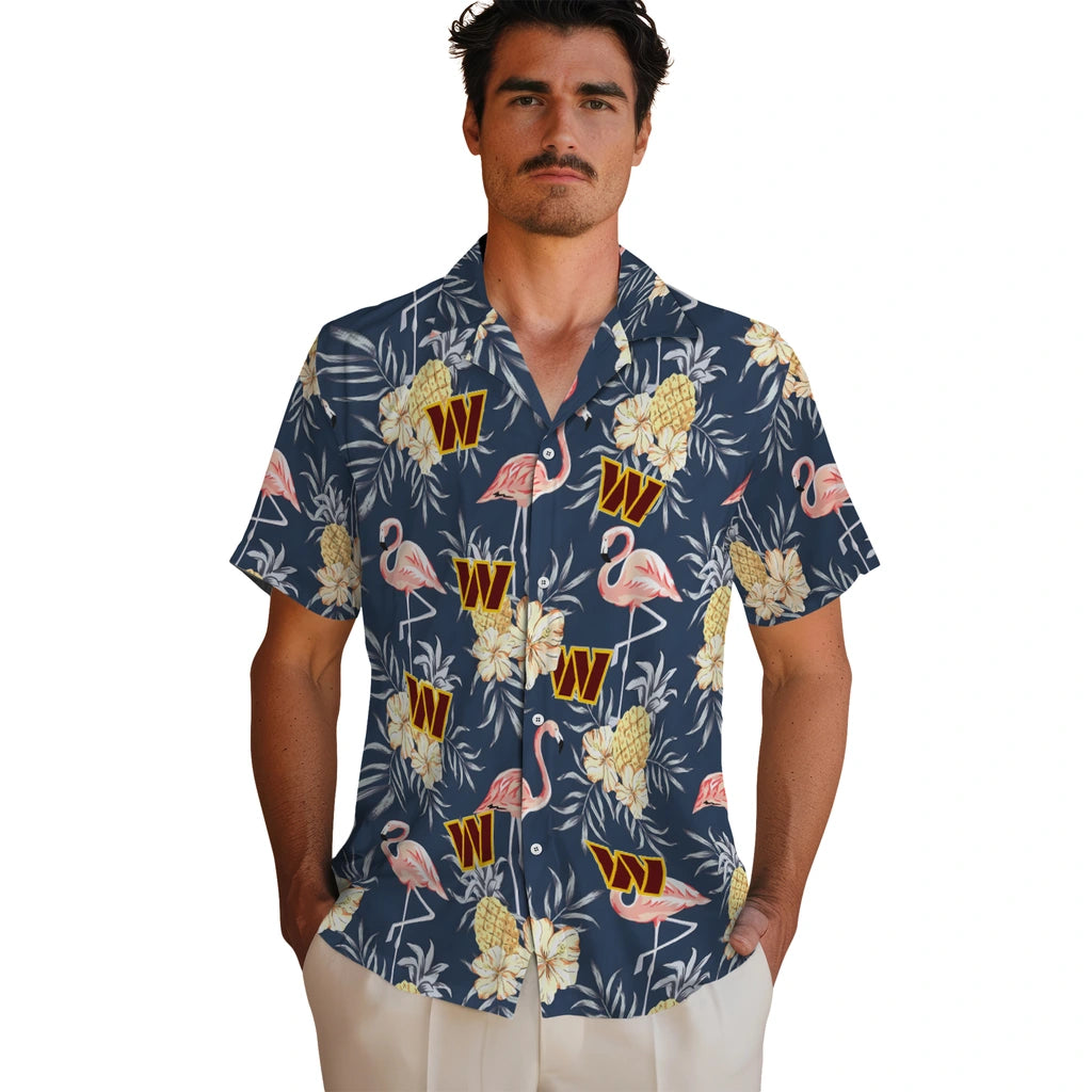 Washington Commanders Hawaiian Shirt - Flamingo Hibiscus | Hula Hawaiian Shirts