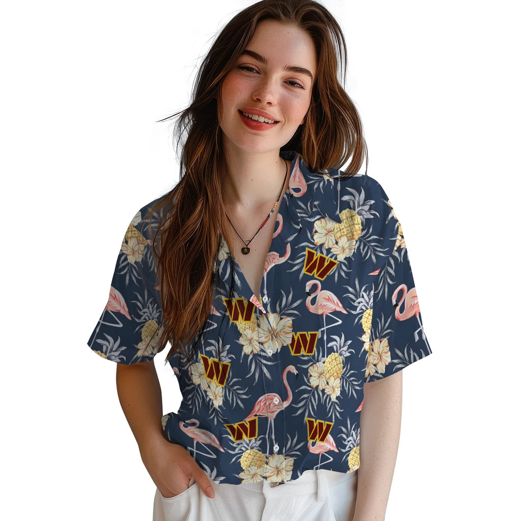 Washington Commanders Hawaiian Shirt - Flamingo Hibiscus | Hula Hawaiian Shirts