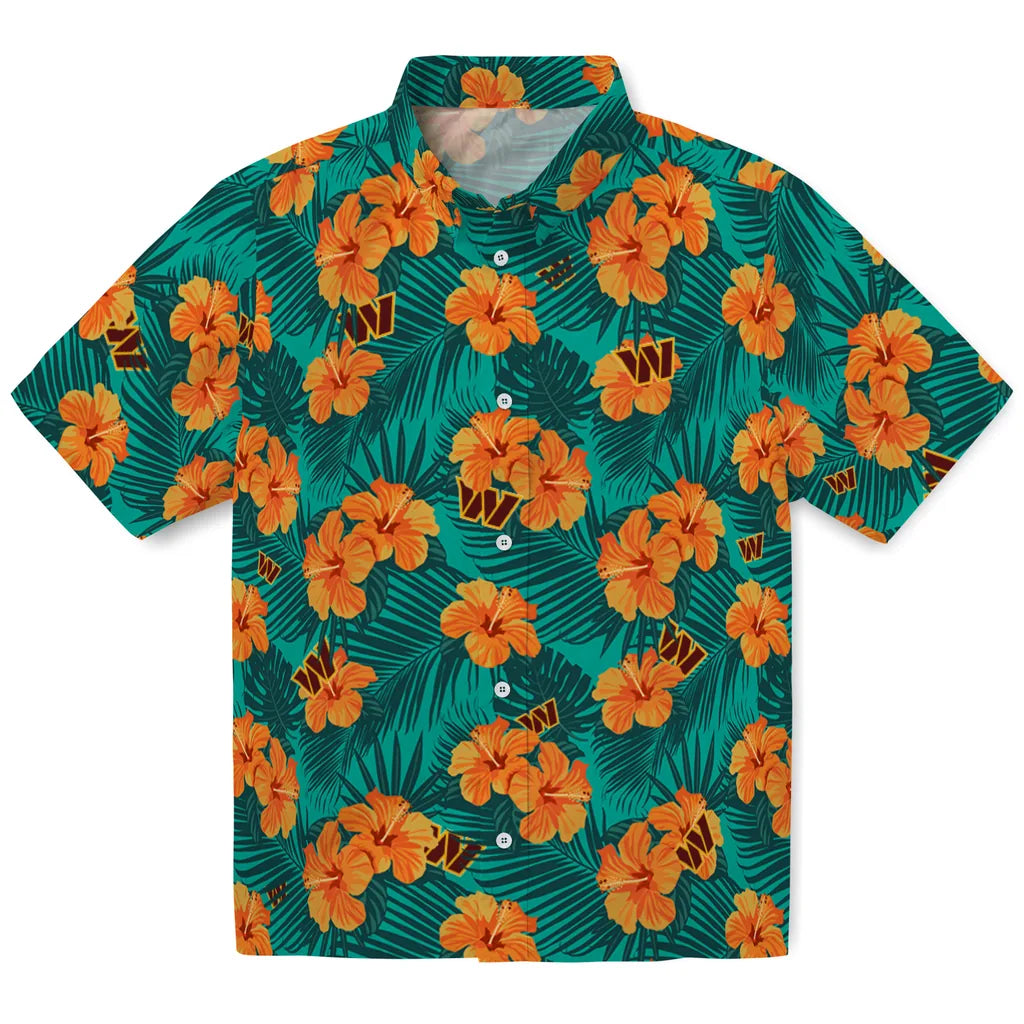 Washington Commanders Hawaiian Shirt - Hibiscus and Palm Leaves | Hula Hawaiian Shirts