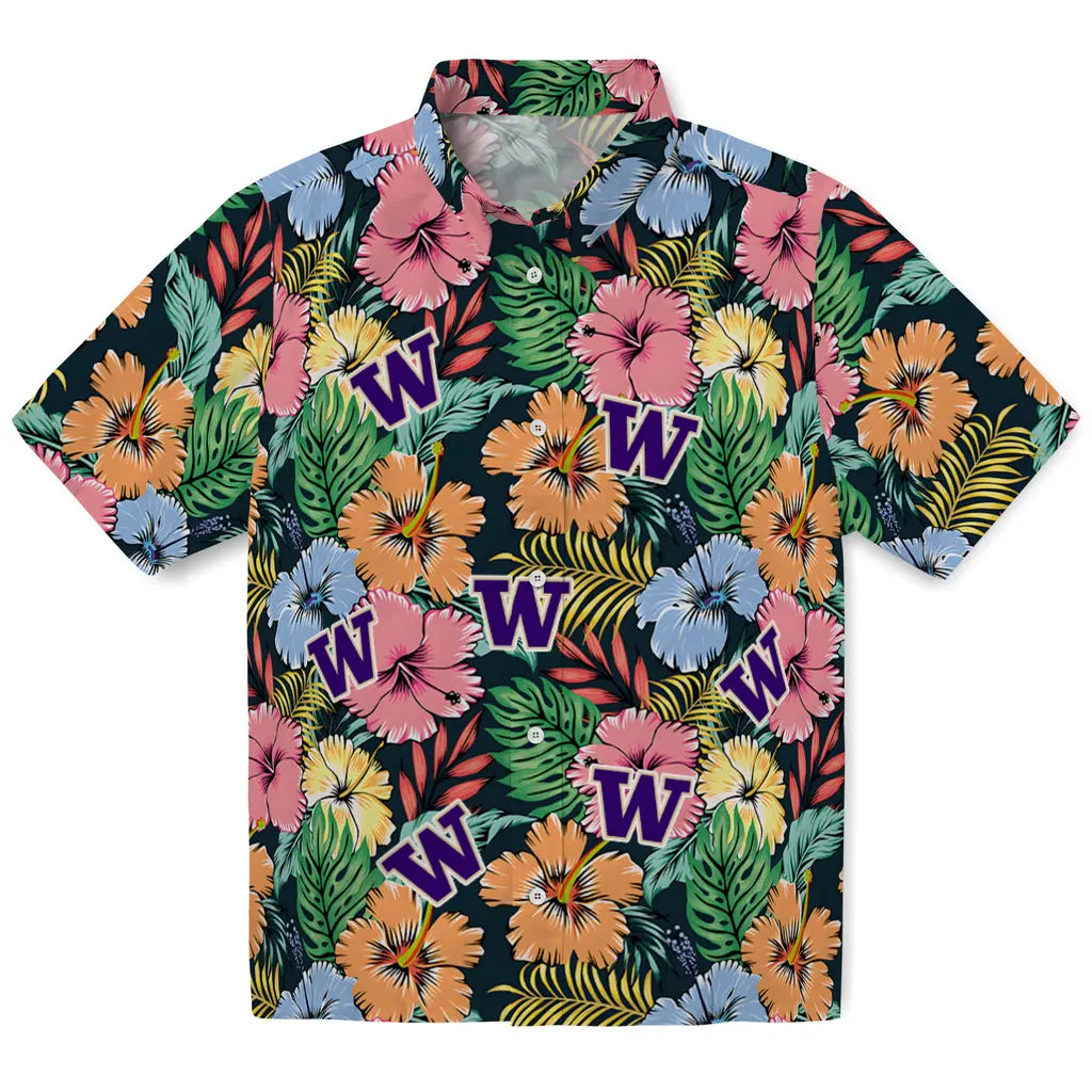 Washington Huskies Hawaiian Shirt - Brilliant Hibiscus Garden | Hula Hawaiian Shirts