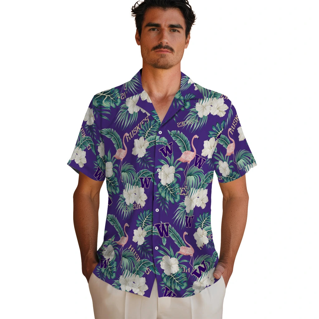 Washington Huskies Hawaiian Shirt - Flamingo and Hibiscus | Hula Hawaiian Shirts