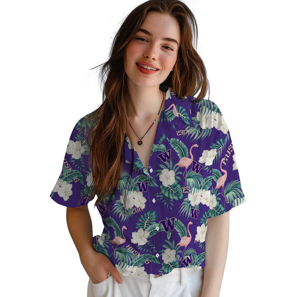 Washington Huskies Hawaiian Shirt - Flamingo and Hibiscus | Hula Hawaiian Shirts
