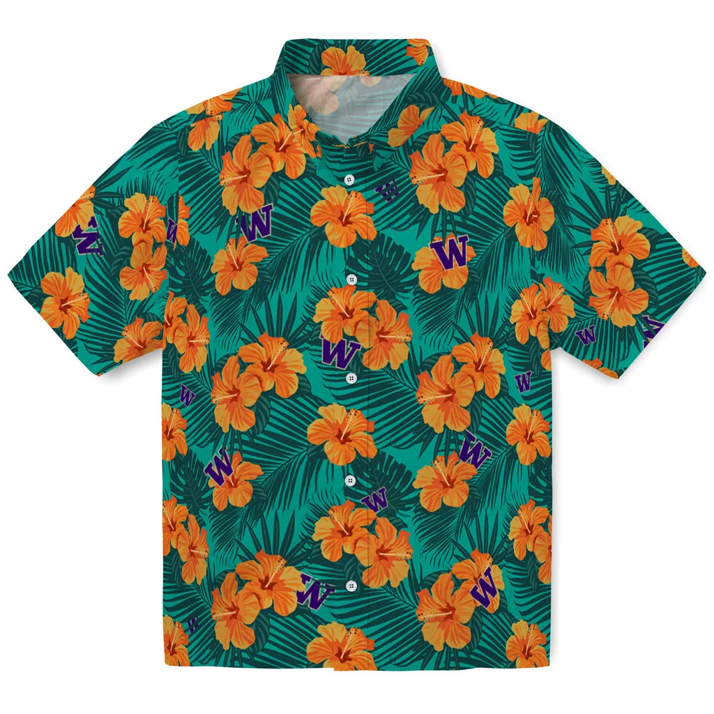 Washington Huskies Hawaiian Shirt - Hibiscus and Palm Leaves | Hula Hawaiian Shirts