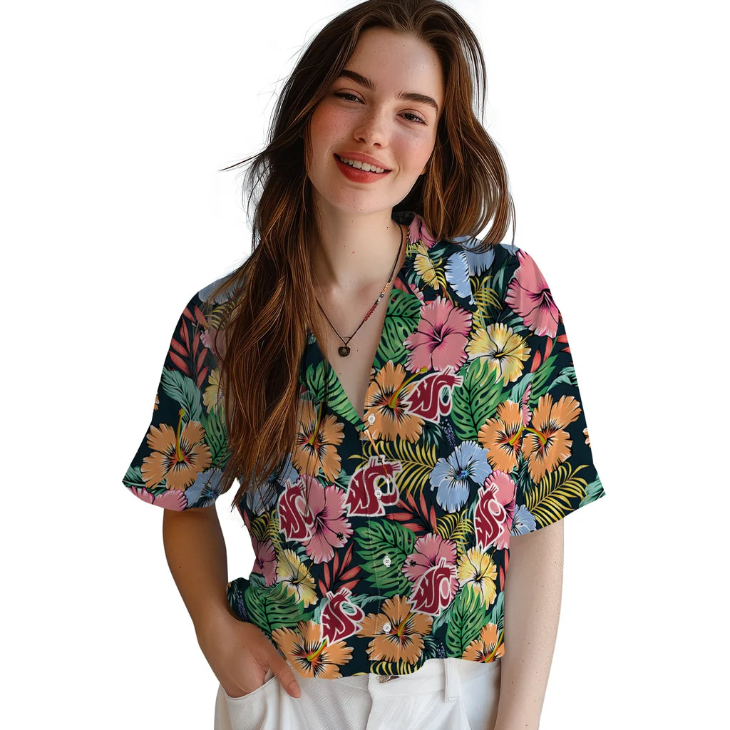 Washington State Cougars Hawaiian Shirt - Brilliant Hibiscus Garden | Hula Hawaiian Shirts