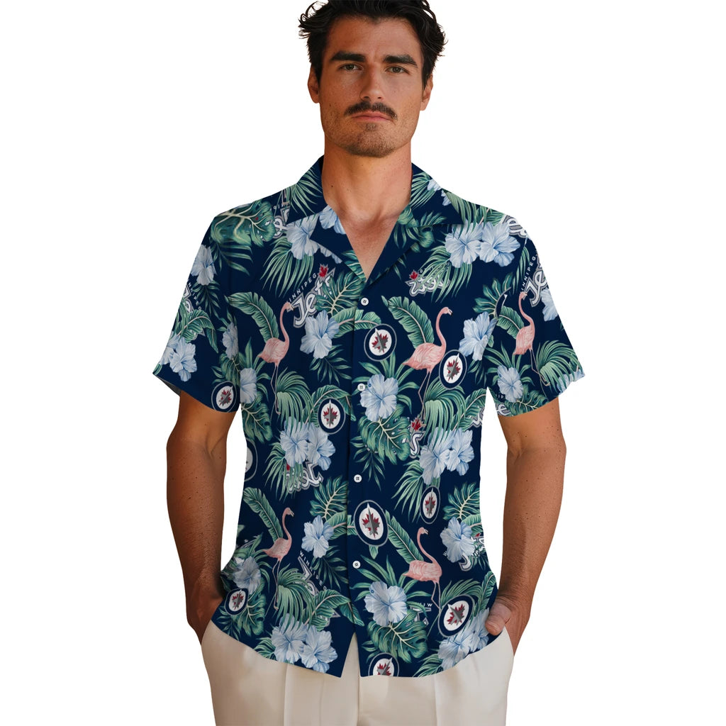 Winnipeg Jets Hawaiian Shirt - Flamingo and Hibiscus | Hula Hawaiian Shirts
