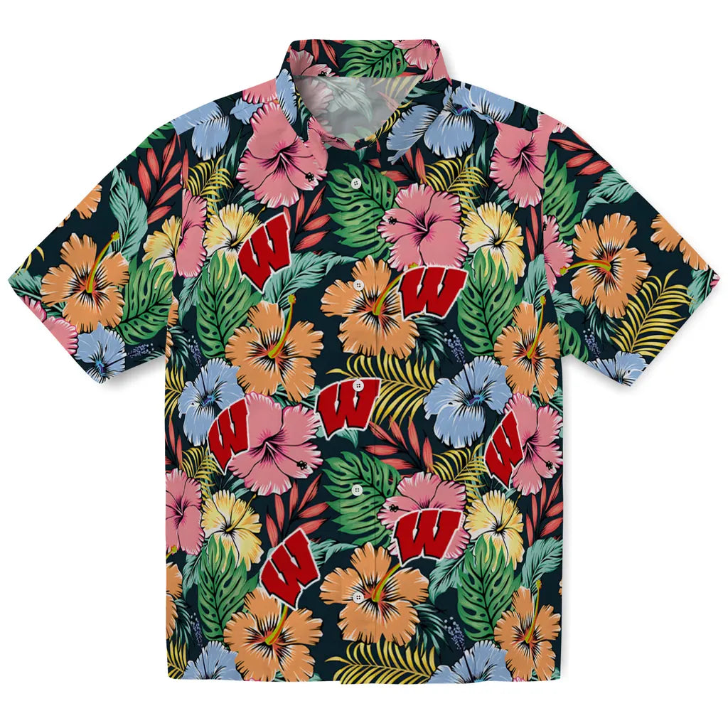 Wisconsin Badgers Hawaiian Shirt - Brilliant Hibiscus Garden | Hula Hawaiian Shirts