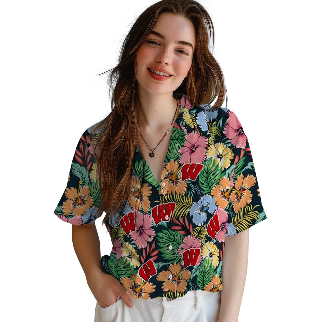 Wisconsin Badgers Hawaiian Shirt - Brilliant Hibiscus Garden | Hula Hawaiian Shirts