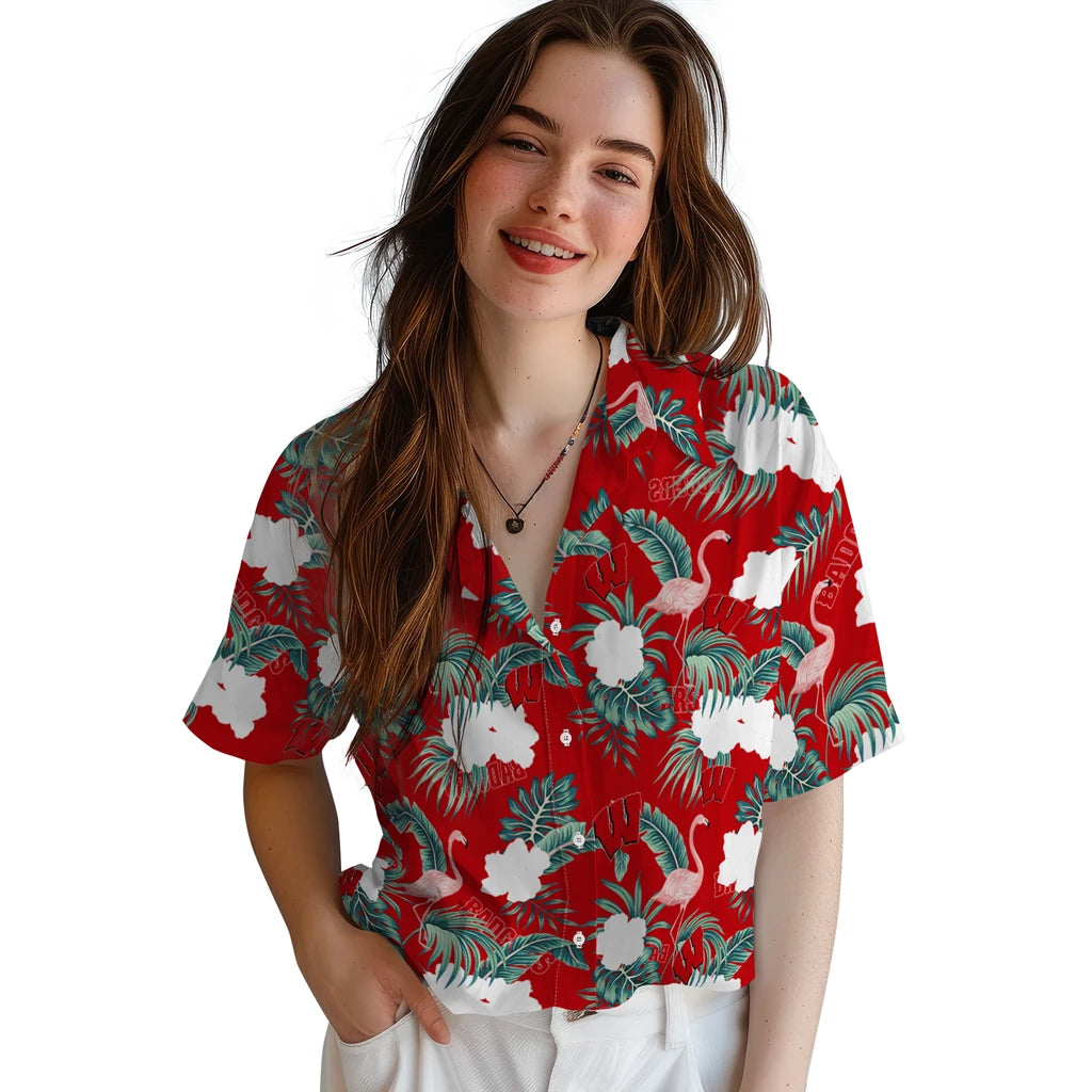 Wisconsin Badgers Hawaiian Shirt - Flamingo and Hibiscus | Hula Hawaiian Shirts