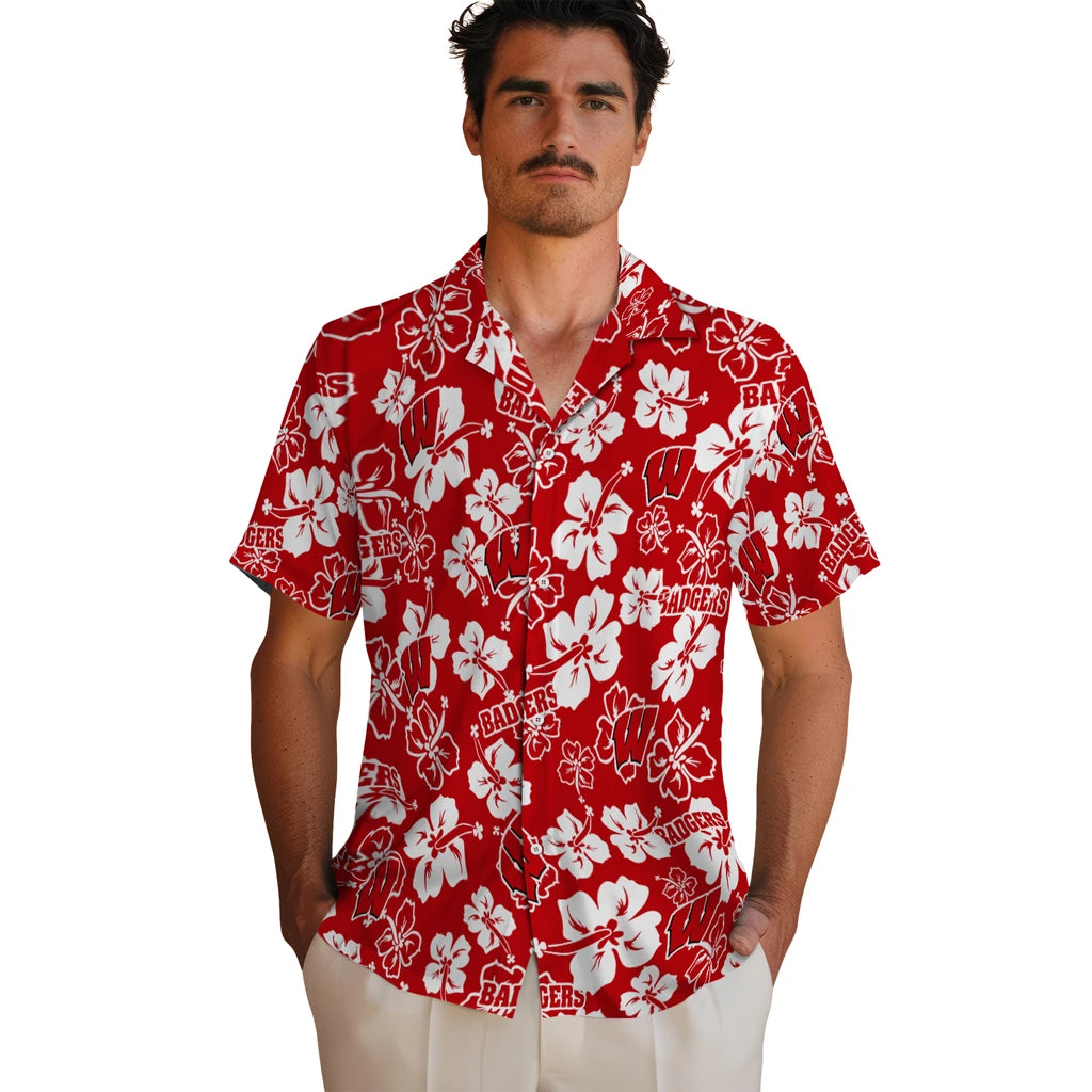 Wisconsin Badgers Hawaiian Shirt - Hibiscus Flower Design | Hula Hawaiian Shirts