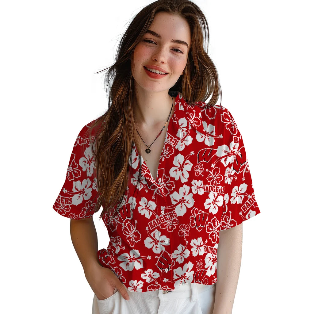 Wisconsin Badgers Hawaiian Shirt - Hibiscus Flower Design | Hula Hawaiian Shirts