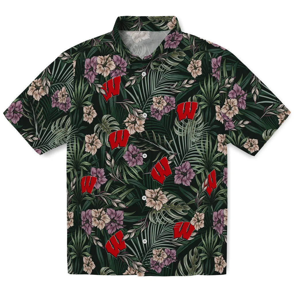 Wisconsin Badgers Hawaiian Shirt - Hibiscus Leaves Pattern | Hula Hawaiian Shirts