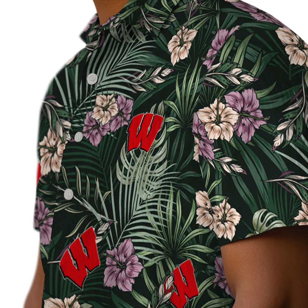 Wisconsin Badgers Hawaiian Shirt - Hibiscus Leaves Pattern | Hula Hawaiian Shirts