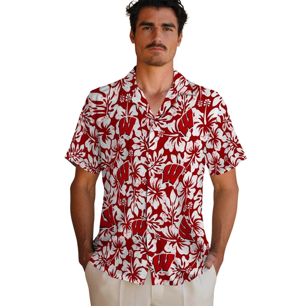 Wisconsin Badgers Hawaiian Shirt - Hibiscus Motif | Hula Hawaiian Shirts