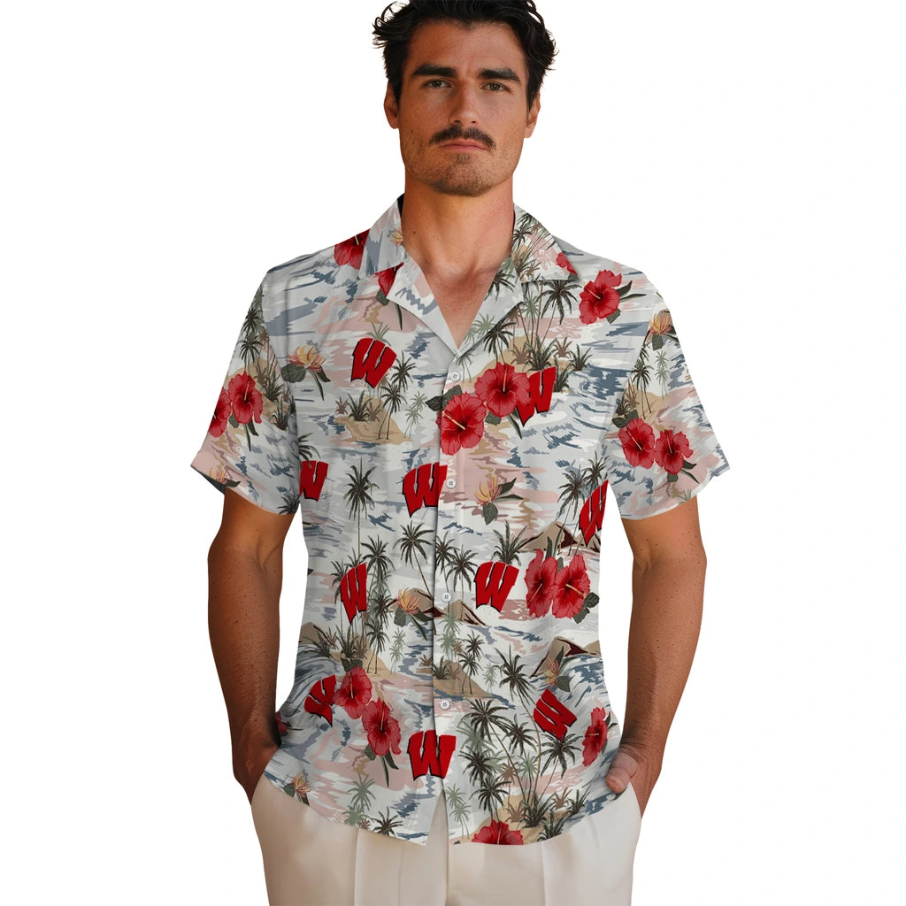 Wisconsin Badgers Hawaiian Shirt - Hibiscus Seaside | Hula Hawaiian Shirts