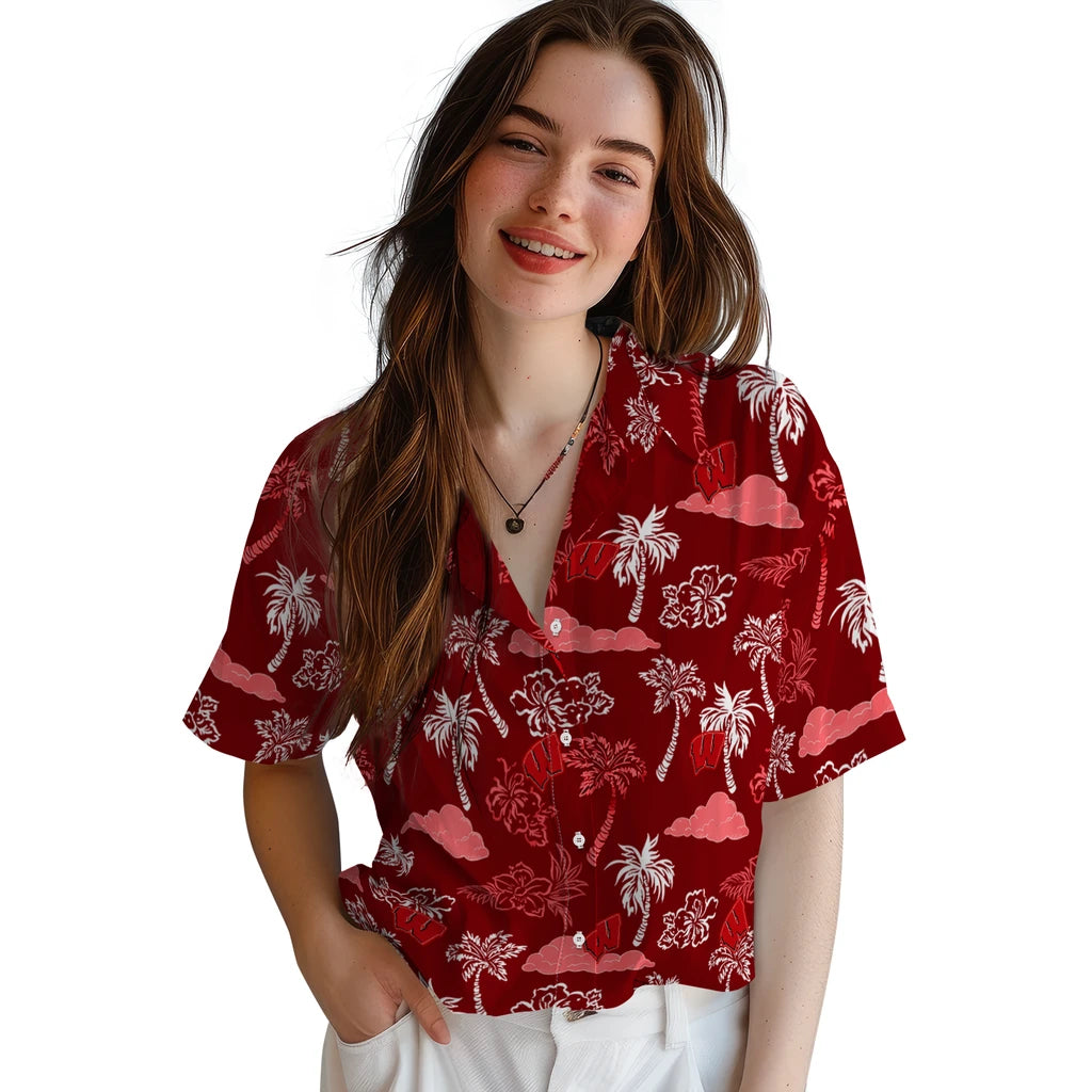 Wisconsin Badgers Hawaiian Shirt - Palm And Clouds | Hula Hawaiian Shirts