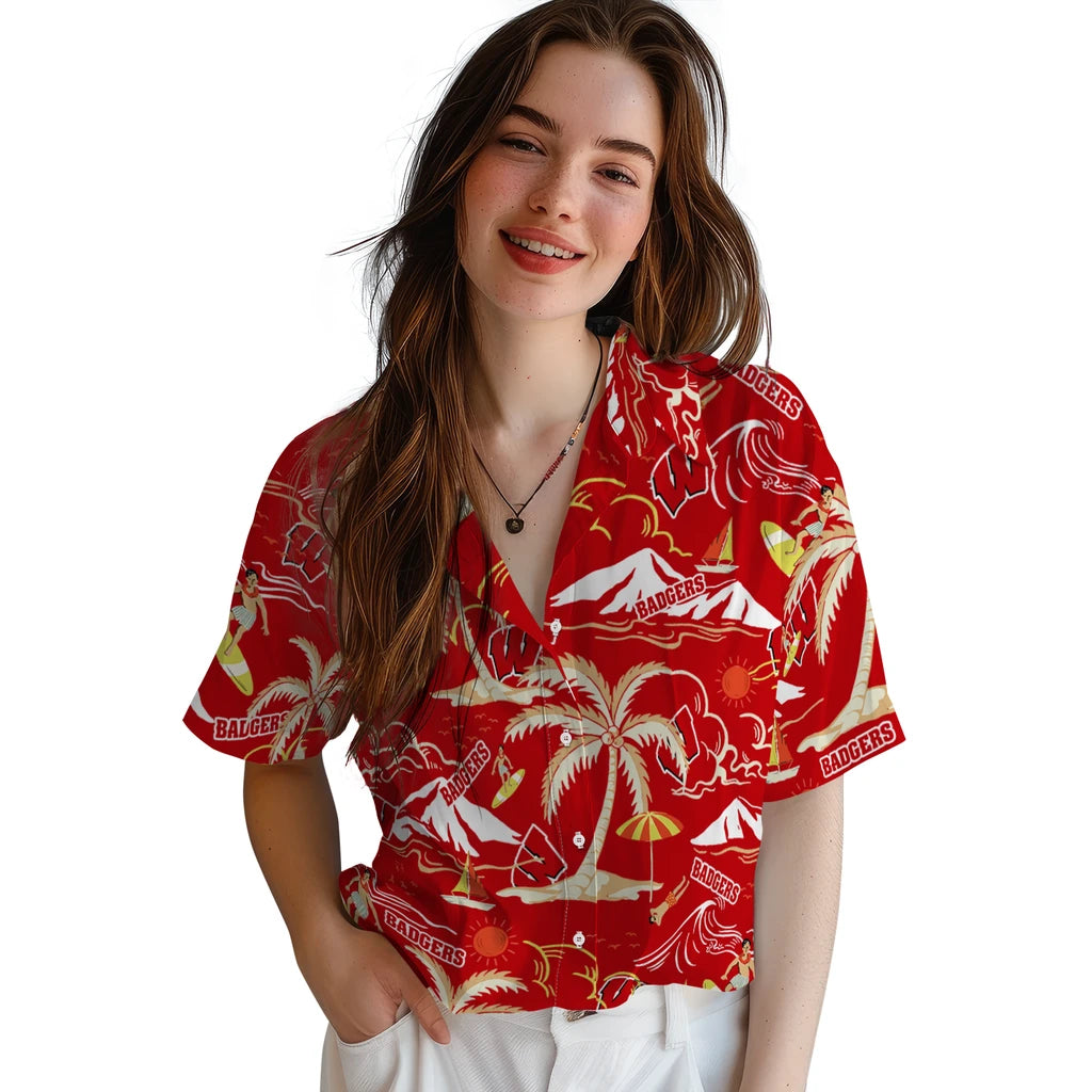 Wisconsin Badgers Hawaiian Shirt - Palm Tree Island | Hula Hawaiian Shirts